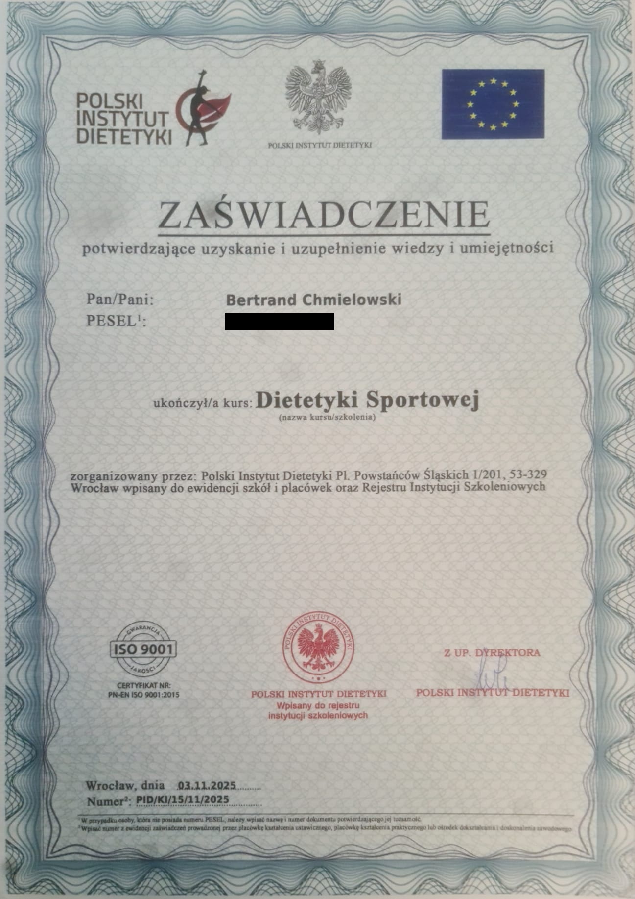 Certyfikat Gym Instructor